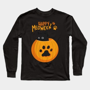 Happy Meoween! Cute Black Cat on Halloween Long Sleeve T-Shirt